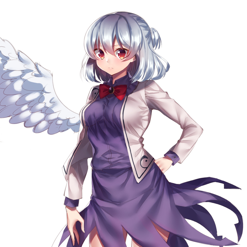 absurdres bangs bow bowtie breasts brown_eyes closed_mouth cowboy_shot dress eyebrows_visible_through_hair gem_oblivion hair_between_eyes hand_on_hip highres jacket kishin_sagume long_sleeves looking_at_viewer medium_breasts open_clothes open_jacket purple_dress red_bow red_neckwear short_hair silver_hair simple_background single_wing solo touhou white_background white_jacket white_wings wings