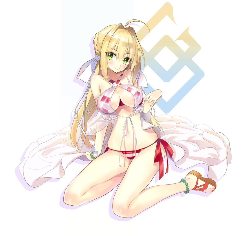 anklet bangs bead_anklet bead_bracelet beads bikini blonde_hair blush bracelet braid breasts closed_mouth criss-cross_halter eyebrows_visible_through_hair fate/grand_order fate_(series) full_body green_eyes hair_between_eyes hair_intakes hair_ribbon halter_top halterneck highres jewelry large_breasts long_hair looking_at_viewer navel nero_claudius_(fate)_(all) nero_claudius_(swimsuit_caster)_(fate) red_bikini ribbon sandals see-through side-tie_bikini sidelocks smile solo striped striped_bikini swimsuit thighs white_ribbon youta