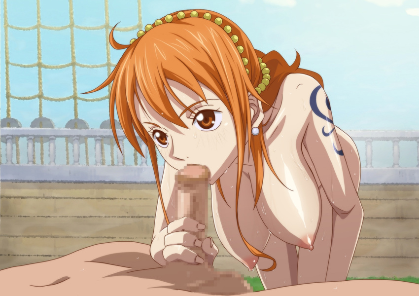 1girl areolae bent_over breasts censored collarbone earrings fellatio hanging_breasts highres kyabakurabakufu large_breasts legs long_hair looking_at_viewer lying matching_hair/eyes mosaic_censoring nami_(one_piece) nipples nude one_piece oral orange_eyes orange_hair outdoors penis shiny shiny_skin solo_focus sweat tattoo thighs
