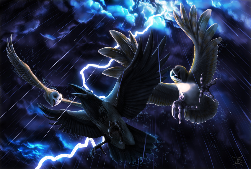 avian beak bird black_feathers claws corvid crow day detailed_background digital_media_(artwork) feathered_wings feathers group jackrow lightning outside owl raining sky storm wings