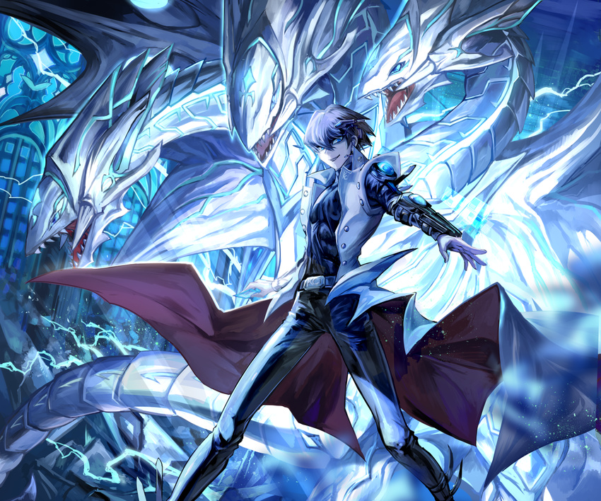 black_hair black_pants black_shirt blue-eyes_ultimate_dragon blue_eyes cape card hair_between_eyes holding holding_card indoors kaiba_seto kurobeta looking_at_viewer male_focus outstretched_arms pants shirt solo standing white_cape yuu-gi-ou