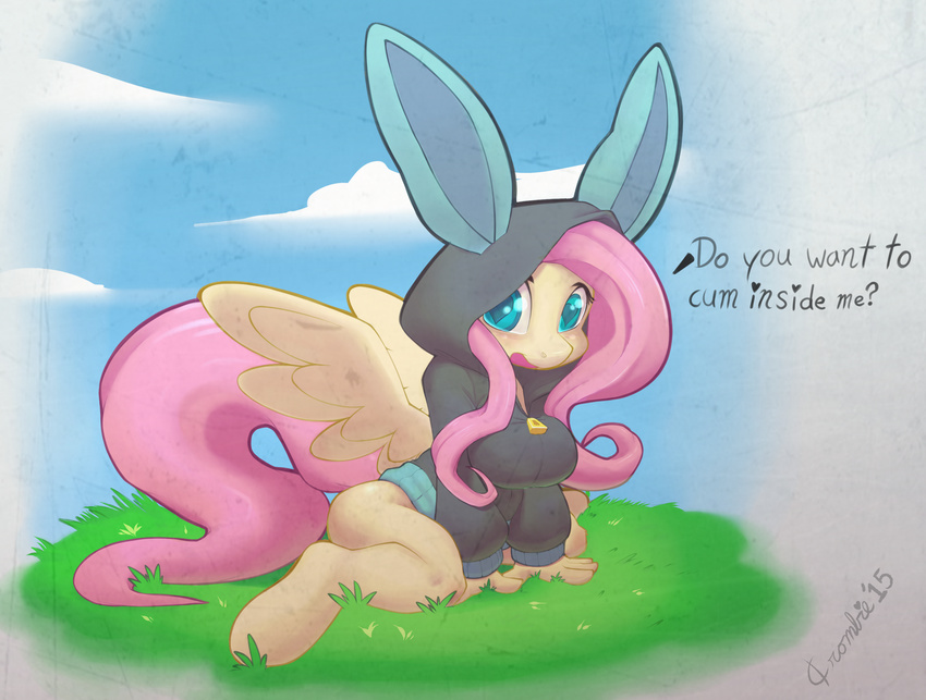 &lt;3 &lt;3_eyes 2015 anthro anthrofied bottomless clothed clothing cloud crombie dialogue english_text equine feathered_wings feathers female fluttershy_(mlp) friendship_is_magic hair long_hair looking_at_viewer mammal my_little_pony outside pegasus pink_hair solo text wings yellow_feathers