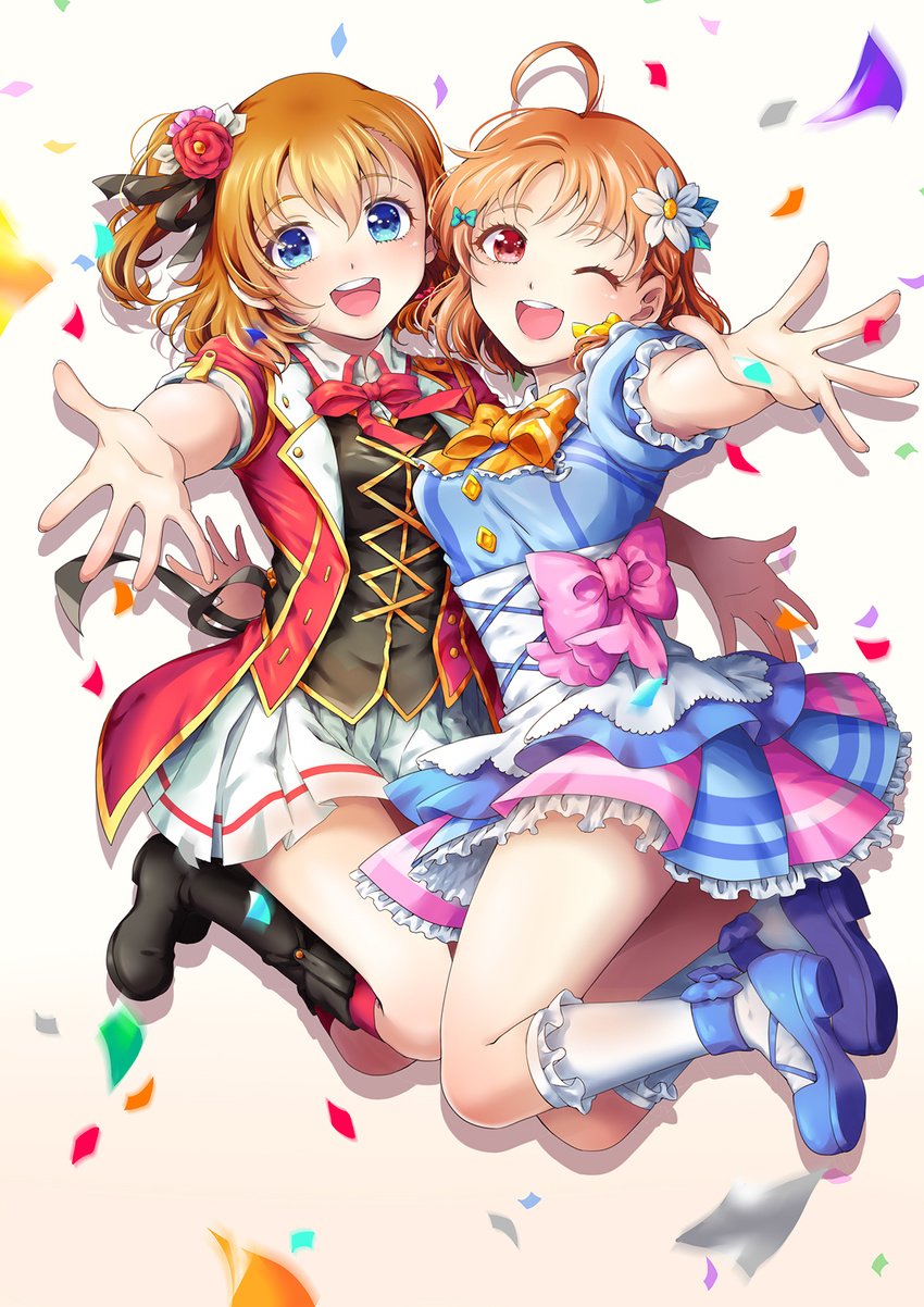 :d ;d ahoge black_ribbon blonde_hair blue_eyes bokura_no_live_kimi_to_no_life boots confetti flower hair_flower hair_ornament highres jumping kimi_no_kokoro_wa_kagayaiteru_kai? kousaka_honoka love_live! love_live!_school_idol_project love_live!_sunshine!! multiple_girls one_eye_closed open_mouth outstretched_arms pink_ribbon red_eyes ribbon sha short_hair smile takami_chika white_background