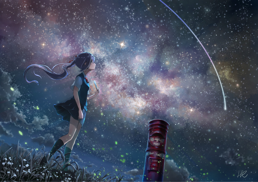 bangs blue_eyes blue_skirt closed_mouth cloud cloudy_sky comet commentary_request dutch_angle floating_hair grass green_legwear highres holding hoshizaki_reita japanese_cylindrical_postbox japanese_postal_mark kneehighs long_hair looking_up night original pleated_skirt postbox_(outgoing_mail) purple_hair scenery school_uniform shooting_star sidelocks skirt sky solo standing star_(sky) starry_sky sweater_vest