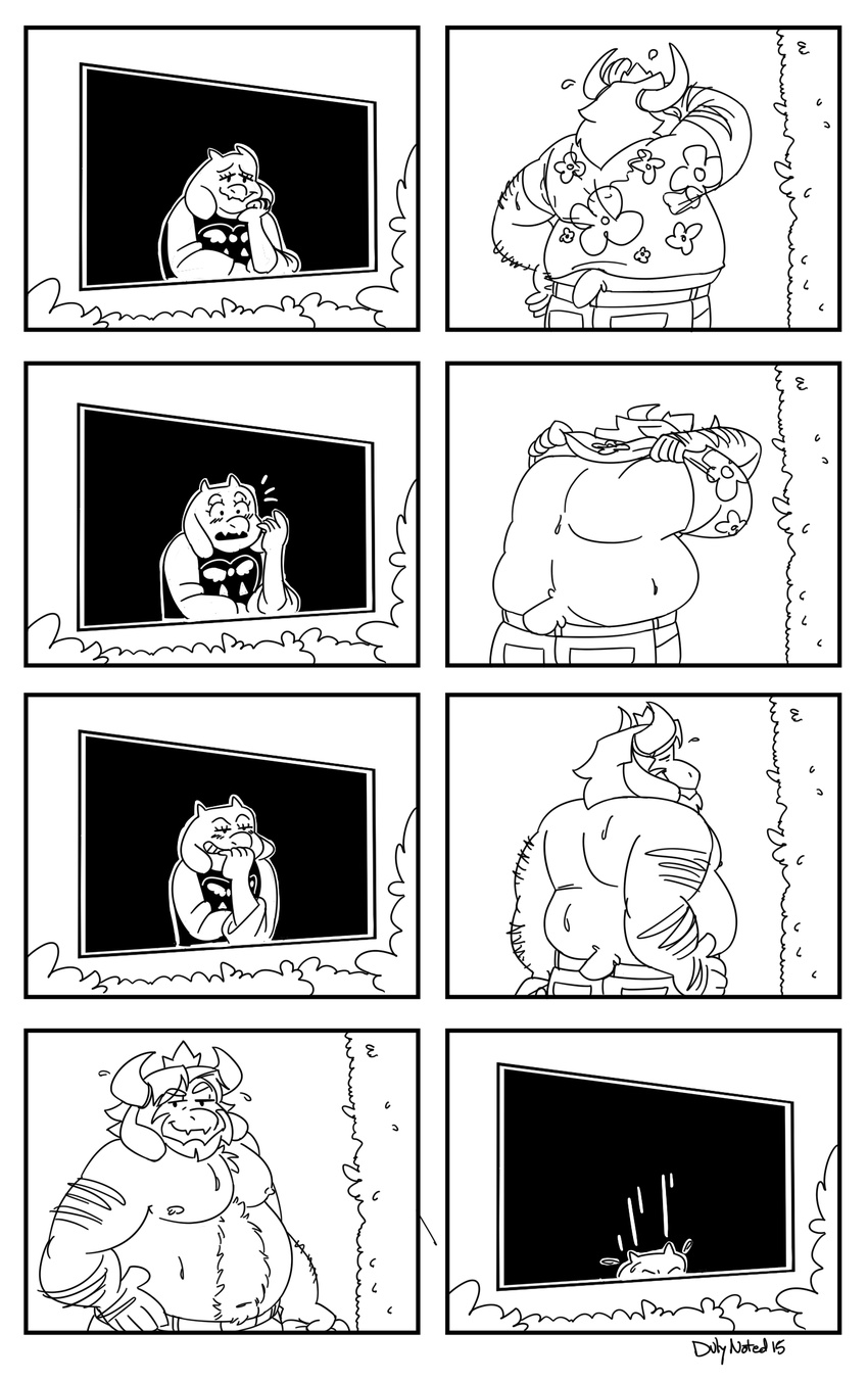 asgore_dreemurr bedroom_eyes body_hair boss_monster caprine chest_tuft clothed clothing comic duly_noted duo female goat half-closed_eyes hi_res horn male mammal monochrome nipples overweight seductive sweat topless toriel tuft undertale undressing video_games voyeur