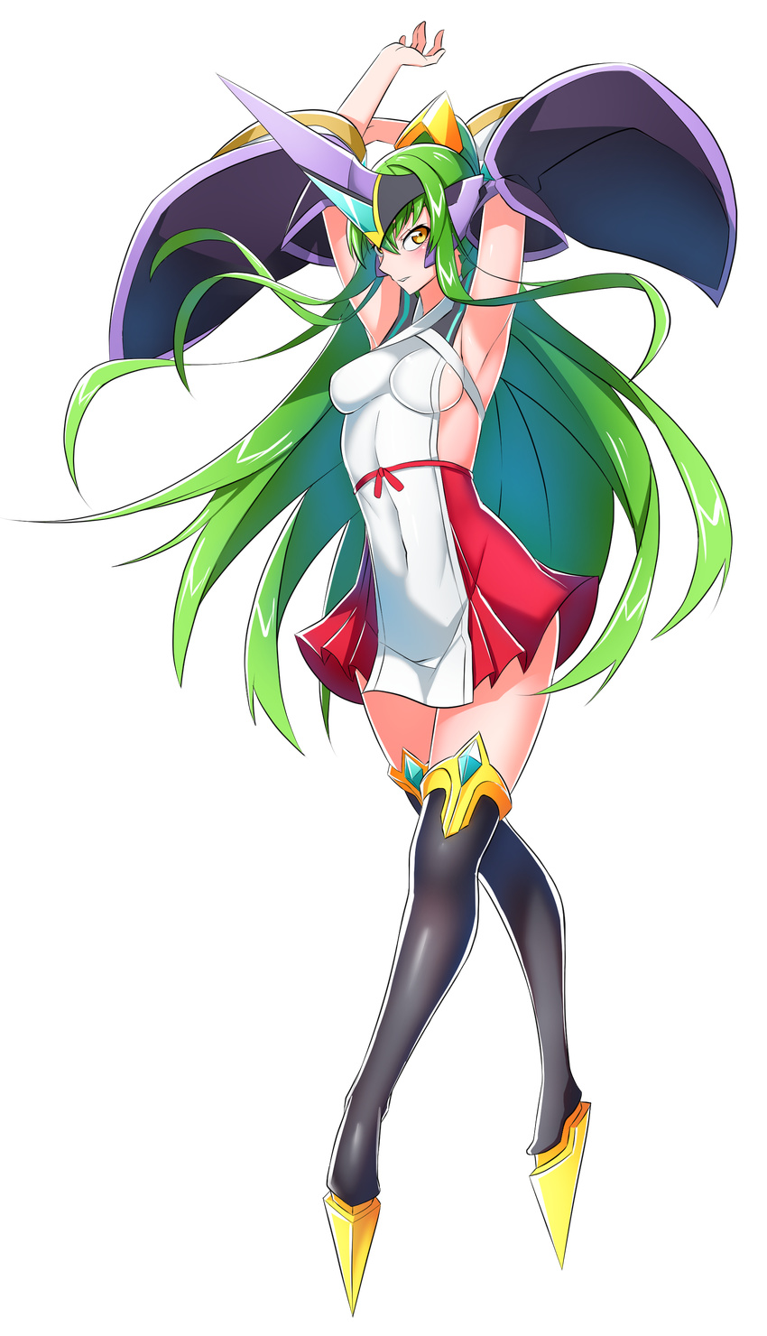 1girl arc_system_works artist_request blazblue blazblue:_central_fiction blush breasts c.c. code_geass cosplay detached_sleeves green_hair hades_izanami hades_izanami_(cosplay) headgear helmet long_hair looking_at_viewer medium_breasts mikado_(blazblue) mikado_(blazblue)_(cosplay) parted_lips seiyuu_connection shiny shiny_clothes shiny_hair shiny_skin skirt solo thighhighs transparent_background very_long_hair yukana