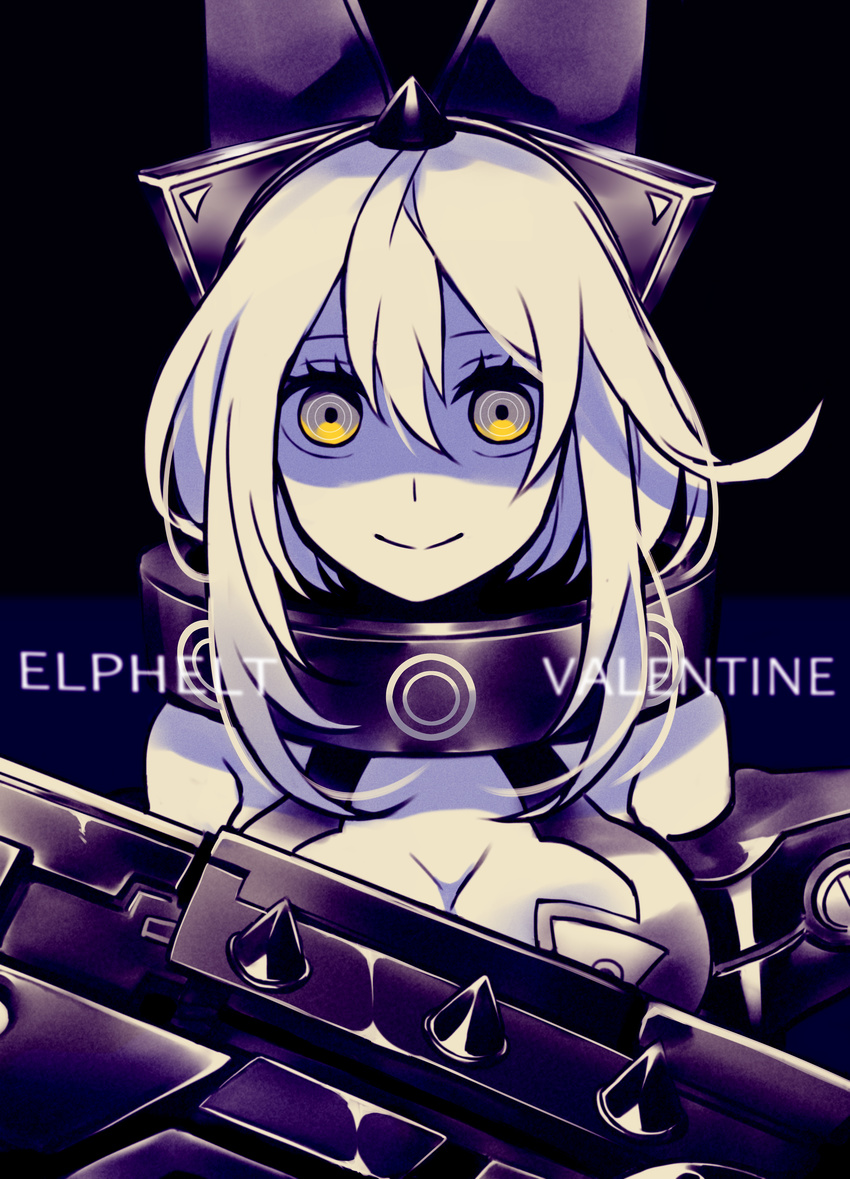 absurdres breasts character_name cleavage elphelt_valentine girls_frontline guilty_gear guilty_gear_xrd gun hair_between_eyes highres large_breasts long_hair looking_at_viewer monochrome smile solo spoilers spot_color upper_body warbler weapon yellow_eyes