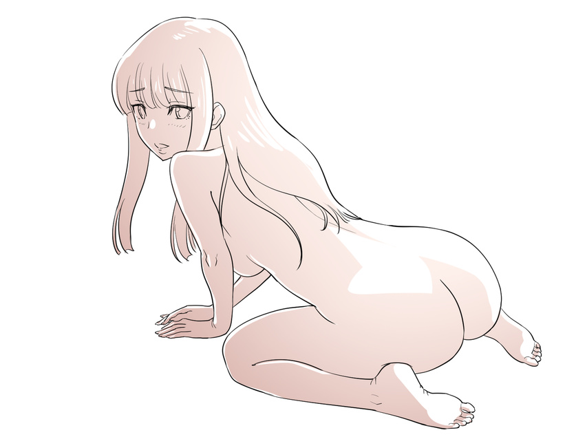 all_fours ass bangs blunt_bangs blush breasts highres light_smile long_hair looking_at_viewer looking_back medium_breasts monochrome nude open_mouth original sidelocks simple_background soles solo straight_hair tadano_akira tsurime