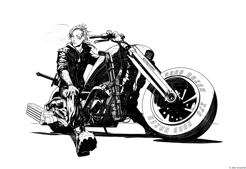arsenixc boots bracelet cigarette commentary dated dog_tags facial_tattoo foreshortening greyscale ground_vehicle hand_on_own_knee jacket jewelry looking_to_the_side male_focus monochrome motor_vehicle motorcycle mouth_hold original pants perspective riding signature simple_background sitting smoking solo spiked_jacket sword tattoo weapon white_background