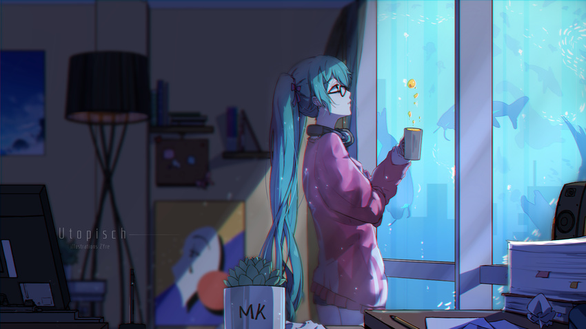 artist_name bangs black-framed_eyewear blurry book_stack bubble cactus cowboy_shot cup depth_of_field from_side german glasses hair_ribbon hatsune_miku headphones headphones_around_neck highres holding holding_cup indoors jacket lamp long_hair long_sleeves looking_away no_pants ocean painting_(object) paper pink_jacket plant potted_plant profile ribbon silhouette solo standing track_jacket translated twintails very_long_hair vocaloid water zhayin-san