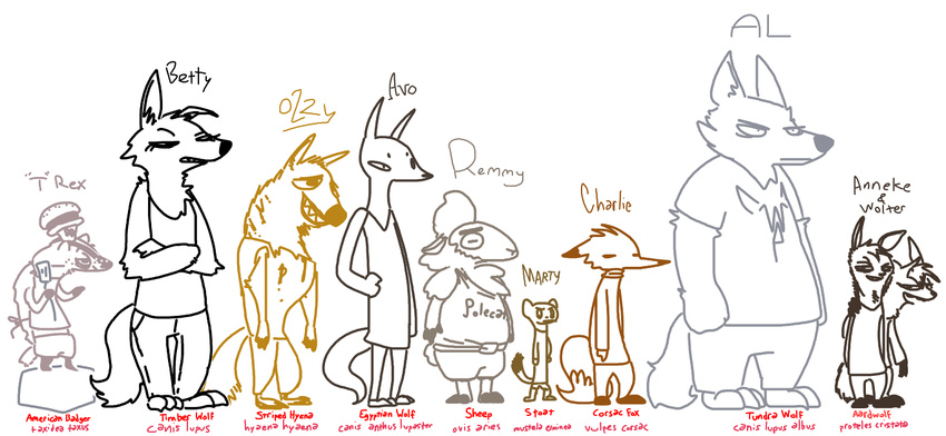 aardwolf al_(weaver) american_badger anneke_(weaver) anthro avo_(weaver) badger betty_(weaver) canine caprine charlie_(weaver) chef_hat clothed clothing disney english_text ermine fan_character female fox frown group hat hyena lineup male mammal marty_(weaver) model_sheet mustelid ozzy_(weaver) pack_street remmy_cormo sheep side_view smile t_rex_(weaver) text the_weaver wolf wolter_(weaver) zootopia