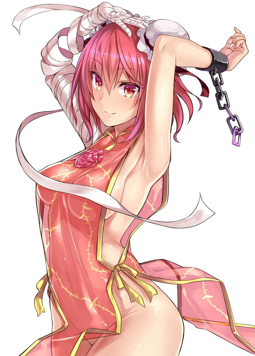 absurdres amputee armpits arms_up bandaged_arm bandages bangs blush breasts bun_cover closed_mouth commentary_request convenient_censoring covered_navel cowboy_shot cuffs double_bun flower highres ibaraki_kasen looking_at_viewer medium_breasts naked_tabard orochi_itto pink_flower pink_rose red_eyes red_hair rose see-through see-through_silhouette shackles sideboob smile solo tabard touhou