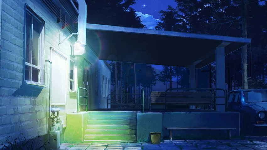 bench bucket building car cloud commentary door everlasting_summer fence forest grass ground_vehicle highres lamp motor_vehicle nature night night_sky no_humans outdoors scenery sky stairs star_(sky) starry_sky tree window