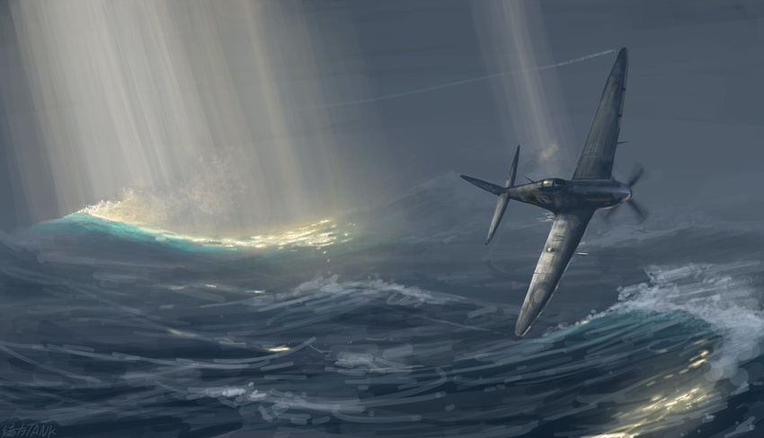 airplane artist_name camouflage cloud commentary_request condensation_trail light_beam light_rays no_humans ocean ogata_tank real_life royal_air_force sea_spray spitfire_(airplane) sunbeam sunlight water waves