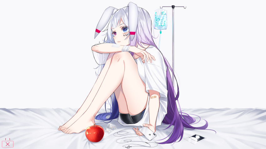1girl absurdres animal_ears apple bangs barefoot bed_sheet bike_shorts black_shorts blue_eyes blue_hair bunny_ears cellphone closed_mouth earbuds earphones face_painting fingernails food fruit gradient_hair grey_background highres holding holding_cellphone holding_phone intravenous_drip multicolored_hair original phone purple_hair red_apple red_eyes shirt short_shorts short_sleeves shorts silver_hair sitting the_cold toenails white_shirt
