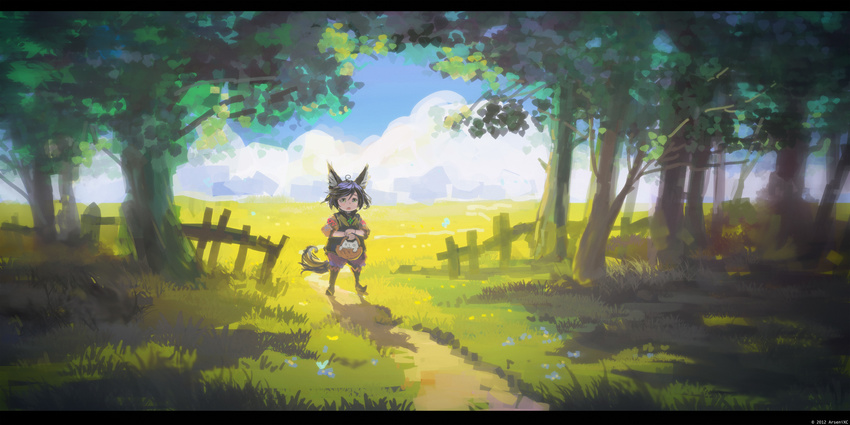 :o ahoge animal_ears arsenixc basket black_eyes black_hair bracelet cat child cloud commentary_request day dot_nose fantasy fence fox_ears fox_girl fox_tail highres holding holding_basket jewelry letterboxed looking_at_viewer original outdoors parted_lips scenery shadow short_hair solo standing tail tree tree_shade