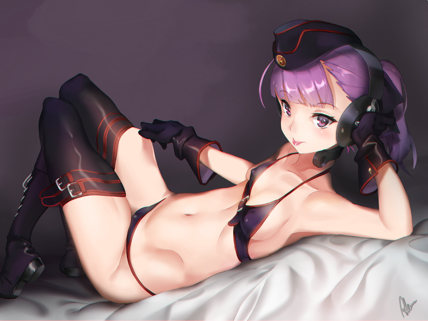 :p ahoge albreo bikini black_background black_bikini black_footwear black_gloves black_hat black_legwear boots breasts collarbone covered_nipples fate/grand_order fate_(series) garrison_cap gloves hat headphones helena_blavatsky_(fate/grand_order) helena_blavatsky_(swimsuit_archer)_(fate) highres looking_at_viewer lying on_back ponytail purple_eyes purple_hair short_hair small_breasts solo swimsuit thigh_boots thighhighs tongue tongue_out