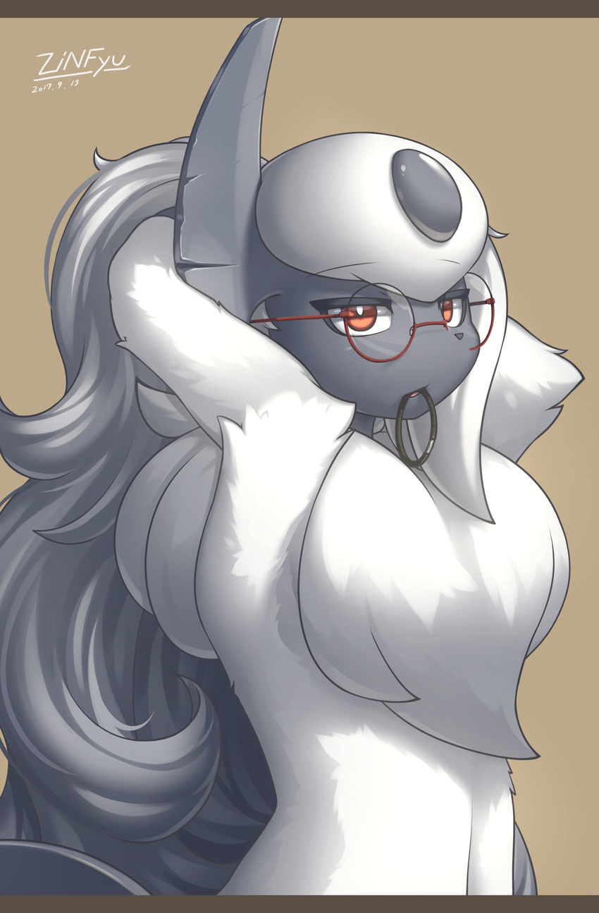 absol absurd_res adjusting_hair brown_background eyewear female glasses grey_hair hair hairtie hi_res horn invalid_tag navel nintendo pok&eacute;mon raised_arm red_eyes simple_background video_games white_hair zinfyu