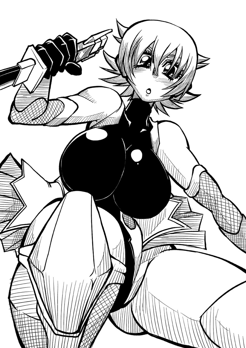 1girl artist_request bodysuit breasts female huge_breasts igawa_sakura knife leotard monochrome saliva short_hair skirt taimanin_(series) taimanin_asagi weapon