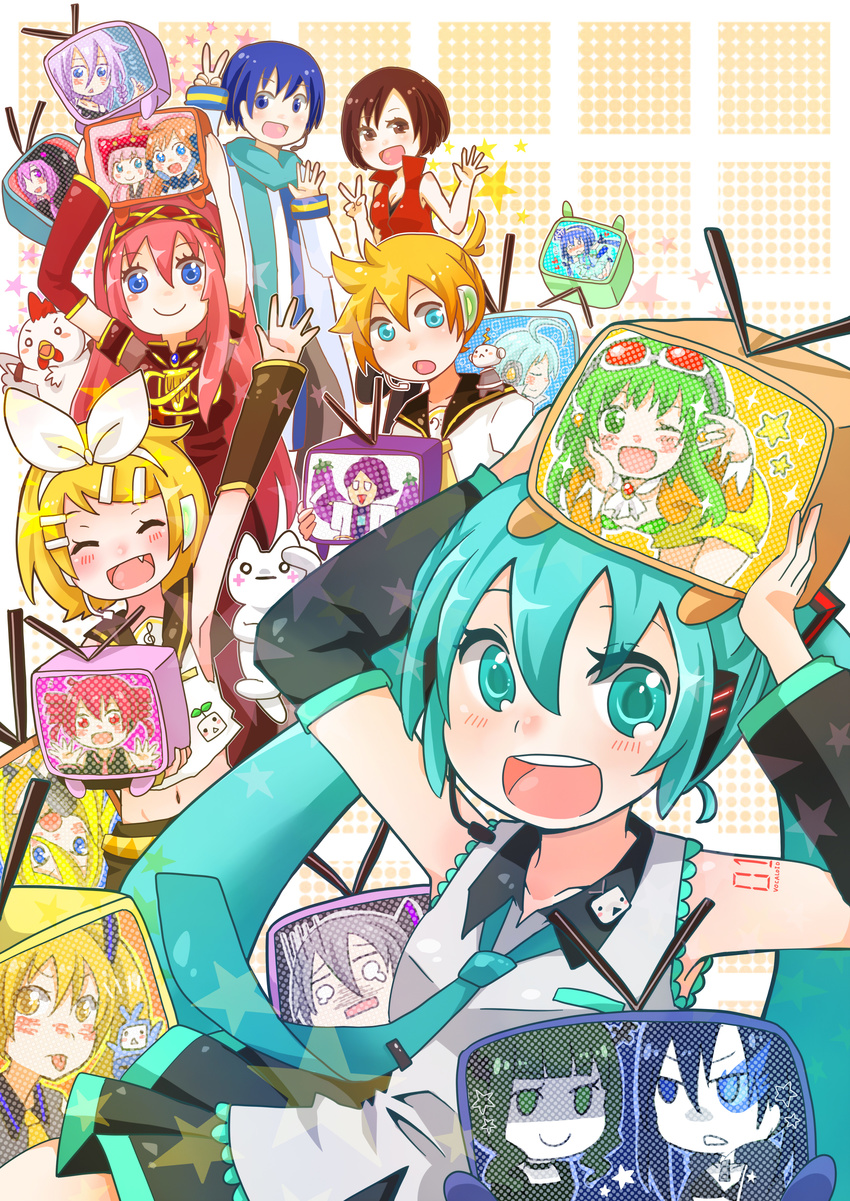 4girls absurdres akita_neru aoki_lapis aqua_eyes aqua_hair black_rock_shooter black_rock_shooter_(character) blonde_hair blue_eyes blue_hair bow brown_eyes brown_hair closed_eyes crossover dead_master detached_sleeves green_eyes green_hair hands_up hatsune_miku headset highres ia_(vocaloid) kagamine_len kagamine_rin kaito kamui_gakupo kasane_teto lily_(vocaloid) long_hair looking_at_viewer megurine_luka meiko miniskirt multiple_boys multiple_crossover multiple_girls necktie nekomura_iroha niconico open_eyes open_mouth sf-a2_miki short_hair skirt smile star television twintails utatane_piko utau v vocaloid voiceroid yowane_haku yuzuki_yukari zakuro_(rinlen115)