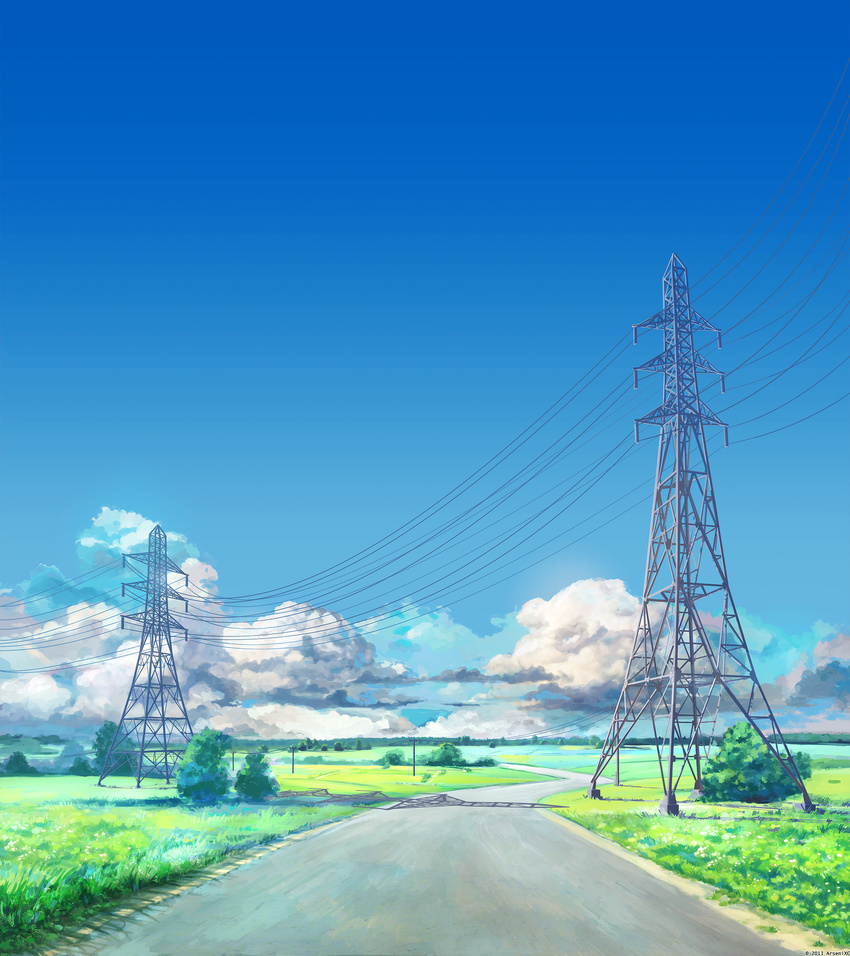 blue_sky bush cloud cloudy_sky commentary day everlasting_summer field grass highres horizon landscape no_humans outdoors plant power_lines road rural scenery shadow sky utility_pole valley