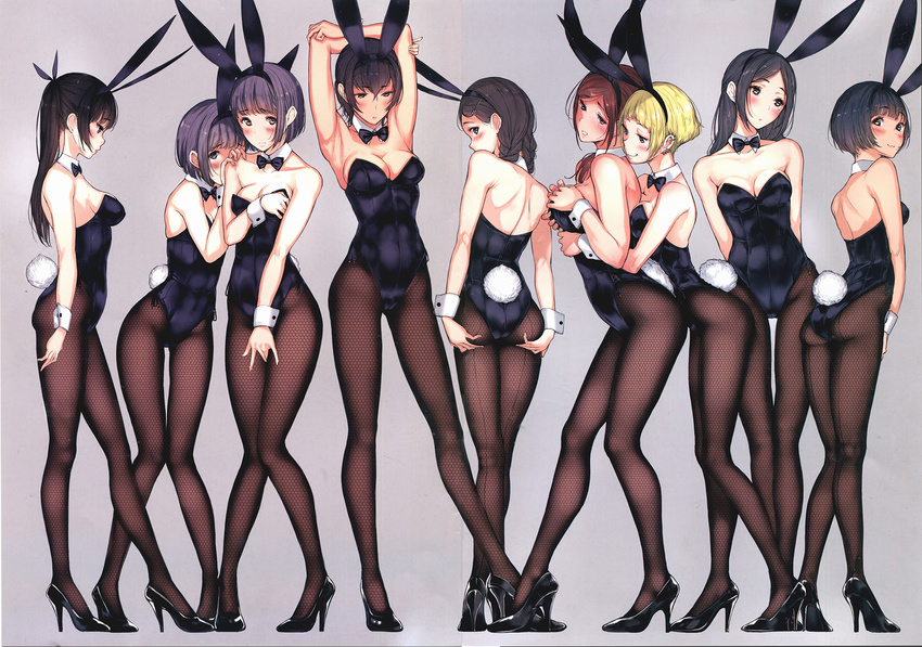 :3 animal_ears armpits ass backless_dress backless_outfit bangs bare_shoulders black_bow black_hair black_neckwear blue_leotard blush bow bowtie braid breasts brown_hair bunny_tail bunnysuit closed_mouth covering covering_breasts covering_crotch covering_face detached_collar dress earrings embarrassed expressionless eyebrows_visible_through_hair fake_animal_ears fishnet_pantyhose fishnets full_body grey_background groping hair_ornament hair_over_shoulder hairband hairclip high_heels highres jewelry large_breasts leotard long_hair long_legs looking_at_another looking_at_viewer looking_down medium_breasts mole mole_under_eye multiple_girls non-web_source original pantyhose parted_bangs parted_lips purple_hair short_hair simple_background smile spread_ass standing stretch tail tsukino_wagamo twin_braids wrist_cuffs