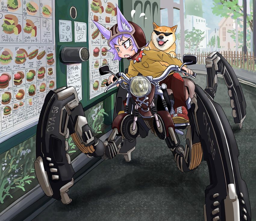 :o animal animal_ears bangs boots breast_pocket child clothed_animal collar commentary_request dog dog_child_(doitsuken) dog_ears dog_girl doitsuken driving ears_through_headwear eyebrows_visible_through_hair fang fast_food fence flying_sweatdrops food hamburger helmet highres lavender_hair long_sleeves looking_to_the_side menu motorcycle_helmet open_mouth original pants pocket red_eyes red_footwear red_pants road science_fiction shiba_inu shirt short_hair sign sitting slit_pupils speaker spiked_collar spikes street v-shaped_eyebrows yellow_shirt