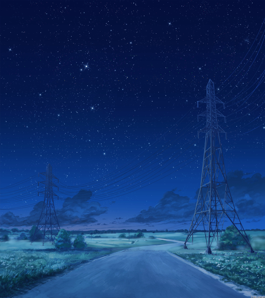 bush cloud commentary everlasting_summer field grass highres horizon landscape night night_sky no_humans outdoors plant power_lines road rural scenery shadow sky star_(sky) starry_sky utility_pole valley