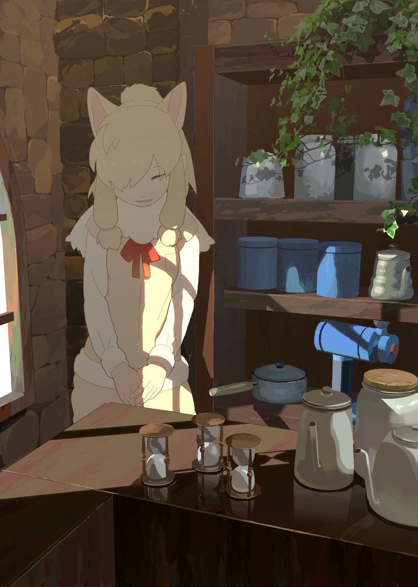 2018 absurd_res alpaca animal_humanoid blonde_hair camelid clothed clothing day eyes_closed female hair hands_together hi_res hourglass humanoid inside kemono_friends mammal open_mouth solo taracod teapot
