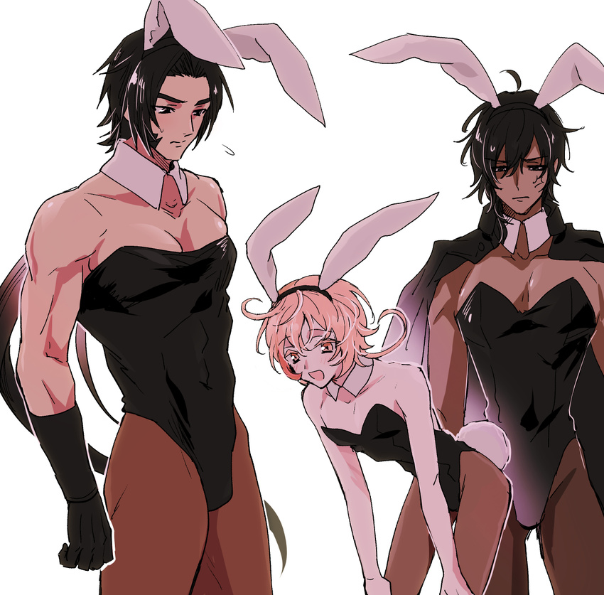 animal_ears annoyed bent_over black_gloves bunny_boy bunny_ears bunny_tail bunnysuit collarbone dark_skin dark_skinned_male detached_collar fake_animal_ears gloves highres leotard male_focus monoyoshi_sadamune multiple_boys natsuhachi ookurikara pantyhose pectorals pink_hair sideburns simple_background tail tonbokiri_(touken_ranbu) touken_ranbu white_background