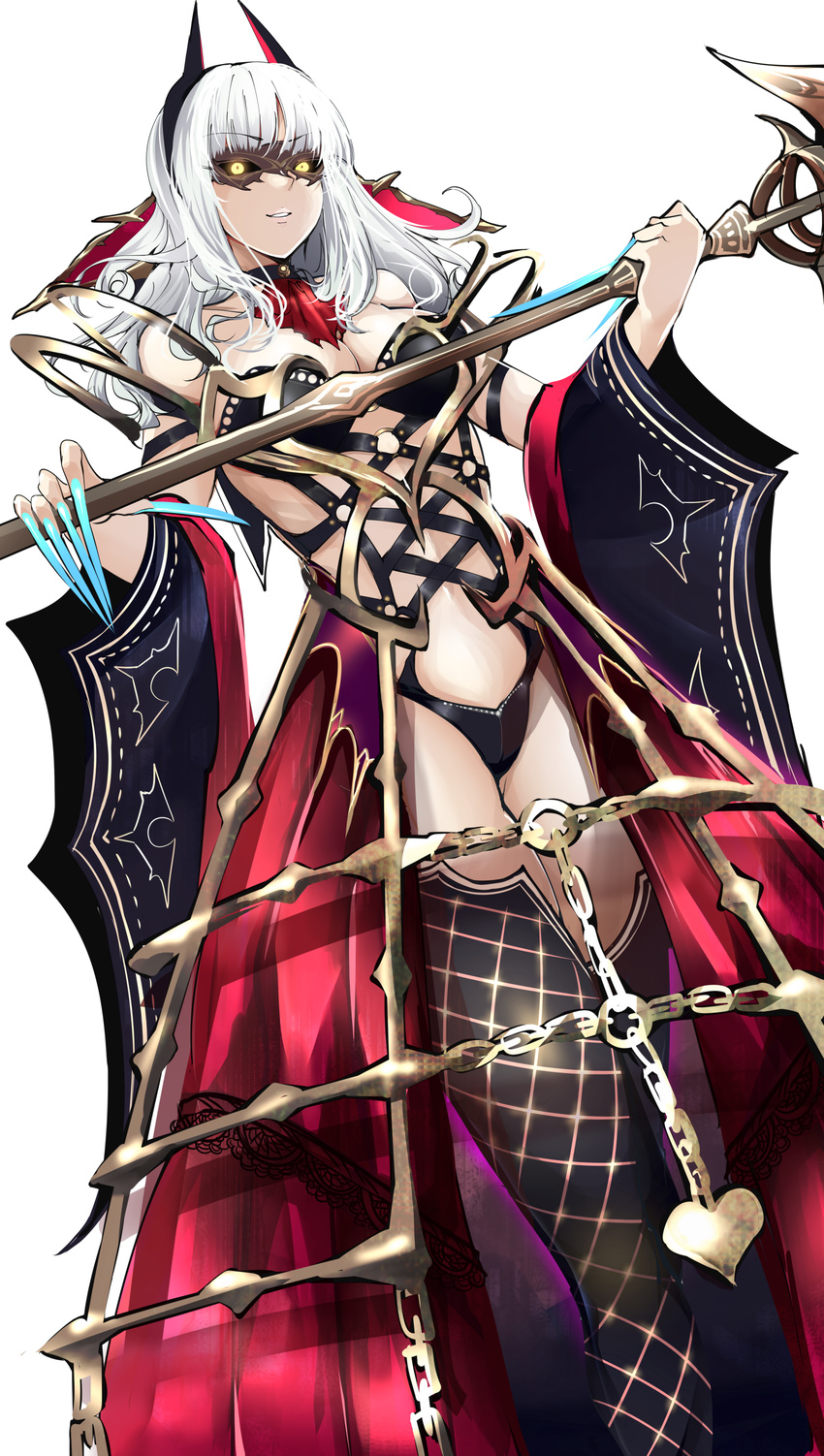 absurdres agetama bare_shoulders black_legwear blue_nails bondage_outfit breasts carmilla_(fate/grand_order) cleavage commentary_request domino_mask fate/grand_order fate_(series) fingernails hairband highres large_breasts long_fingernails long_hair looking_at_viewer mask nail_polish navel sharp_fingernails smile solo supportasse thighhighs whip white_hair yellow_eyes