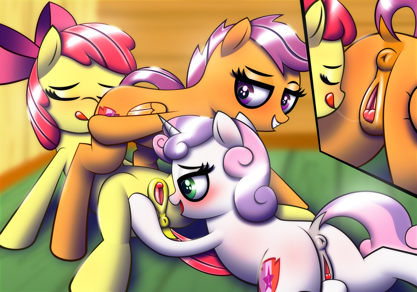 absurd_res anatomically_correct animal_genitalia animal_pussy anus apple_bloom_(mlp) clitoris cunnilingus cutie_mark_crusaders_(mlp) equine female female/female friendship_is_magic group group_sex hi_res horn horse mammal my_little_pony oral pegasus pony pussy ribbons saliva saliva_string scootaloo_(mlp) sex spread_pussy spreading sweetie_belle_(mlp) t.f.a.n.c.s. threesome unicorn vaginal wings young