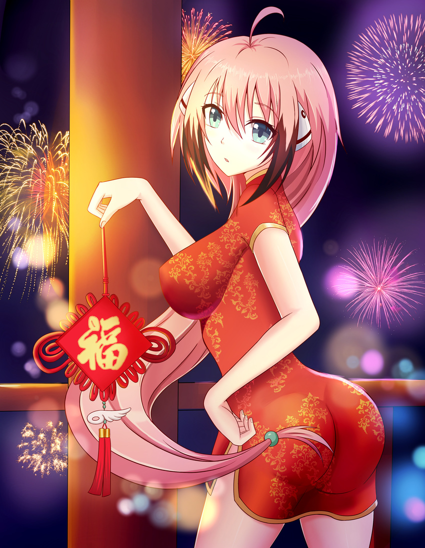 :o absurdres aerial_fireworks ahoge alternate_costume alternate_hairstyle ass breasts brown_hair china_dress chinese_clothes chinese_knot commentary_request dress eyebrows_visible_through_hair feng_mouren fingernails fireworks from_behind gradient_hair hair_between_eyes hand_on_hip head_tilt highres holding ikaros impossible_clothes impossible_dress large_breasts leaning_forward long_hair looking_at_viewer looking_back low-tied_long_hair multicolored_hair new_year night night_sky parted_lips pillar ponytail railing red_dress robot_ears short_dress short_sleeves side_slit sidelocks sky solo sora_no_otoshimono standing twisted_torso very_long_hair