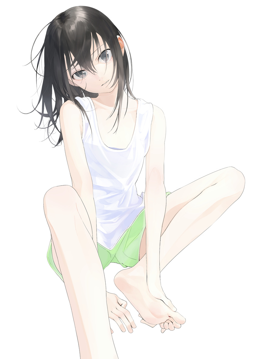 absurdres aspara barefoot black_hair commentary_request feet hand_on_foot head_tilt highres long_hair looking_at_viewer original shirt shorts simple_background sleeveless sleeveless_shirt soles solo toes white_background white_shirt