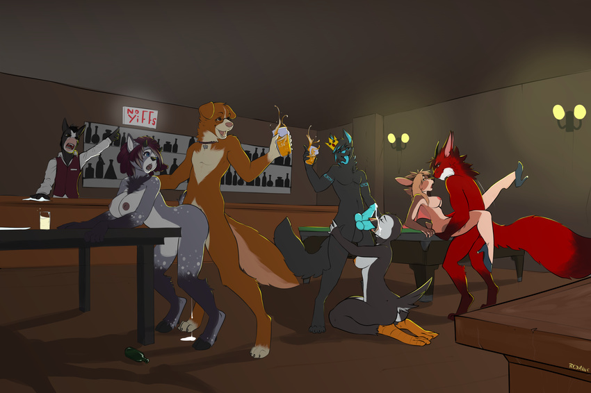 absurd_res alcohol angry aravae bar bartender beverage big_breasts breaking_rules breasts canine collar crown cum cum_drip cum_on_face cup demon dripping fellatio female geekidog group group_sex having_fun hi_res king kneeling knot long_tongue looking_pleasured male mammal master_hellscythe no_yiff on_table open_mouth oral orgy over_table pearl_(disambiguation) public randalwuff redmanearts royalty sex spill table thunder tongue twitch