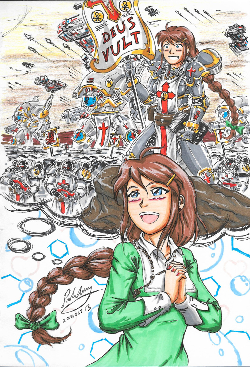 1girl aircraft airplane armor bible blue_eyes bow brown_hair christ-chan cross green_bow grin gun hair_bow hexagon highres jewelry long_braid mecha necklace paolo_aninag rifle signature smile standing tagme thought_bubble warhammer_40k weapon