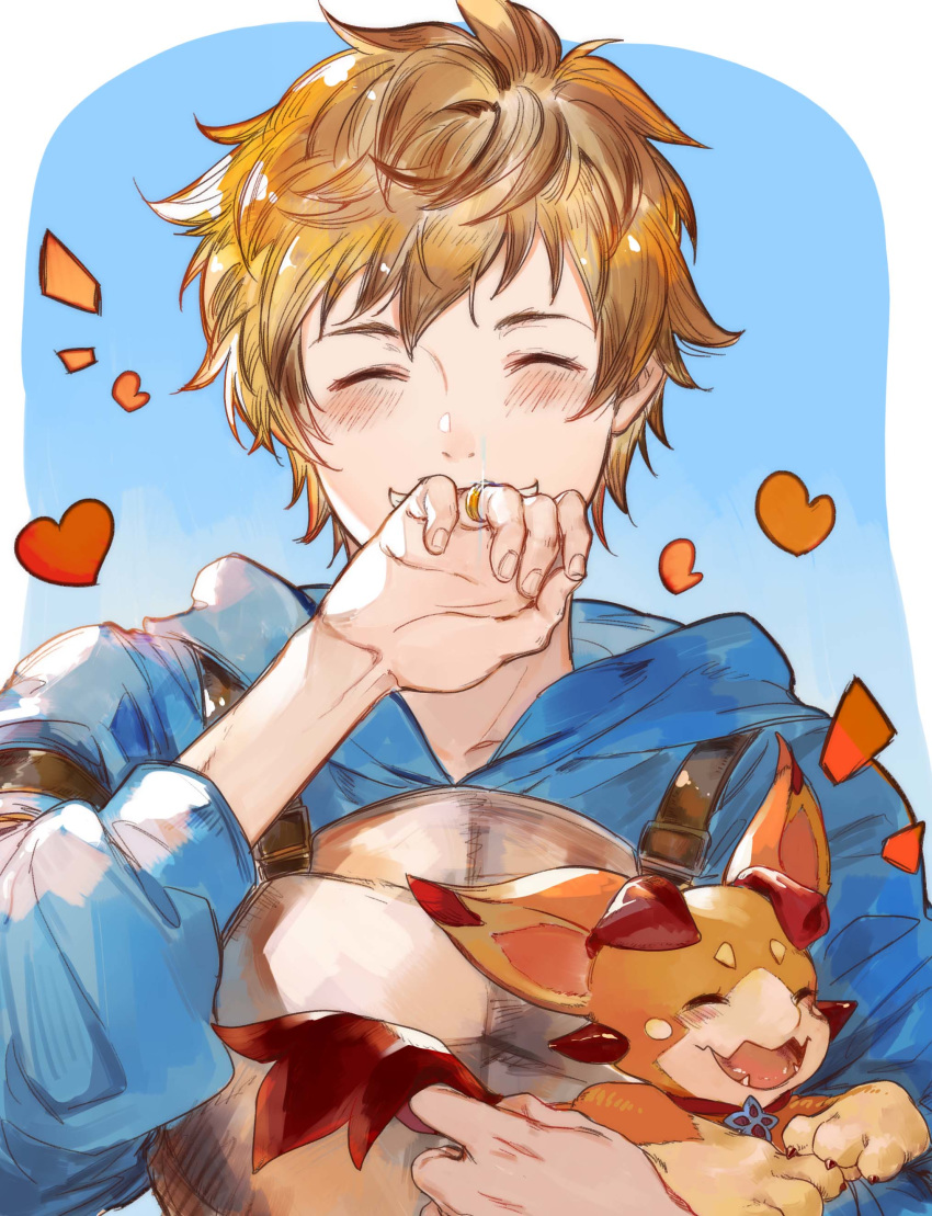 2boys ^_^ absurdres blue_background breastplate breasts brown_hair closed_eyes dragon eyes_closed fighter_(granblue_fantasy) gran_(granblue_fantasy) granblue_fantasy heart highres jewelry laughing male_focus multiple_boys ring simple_background smile soysae upper_body vee_(granblue_fantasy) wedding_band