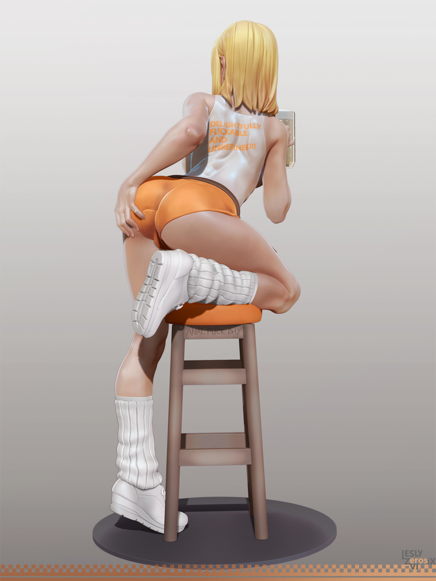 3d :q alcohol ass bare_shoulders beer beer_mug blonde_hair blue_eyes borrowed_character breasts cup dark_skin delightfully_fuckable_and_unrefined!! facing_away from_behind full_body hand_on_ass highres holding holding_cup hooters large_breasts leslyzerosix long_hair loose_socks mari_(delightfully_fuckable_and_unrefined!!) no_legwear short_shorts shorts sleeveless socks solo stool tongue tongue_out uniform white_legwear
