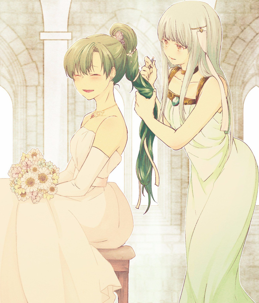 2girls :d adapted_costume alternate_costume aqua_hair arm bare_arms bare_shoulders blush bouquet chair collarbone dress earrings elbow_gloves eyes_closed female fire_emblem fire_emblem:_rekka_no_ken flower formal friends gem gloves green_hair hair_ornament hands hands_up happy highres holding holding_bouquet indoors jewelry long_dress long_hair looking_at_another lyndis_(fire_emblem) mamkute multiple_girls neck neck_ring necklace ninian nintendo open_mouth ponytail red_eyes sapphire_(stone) sidelocks silver_hair sitting smile standing strapless strapless_dress wedding_dress white_dress white_gloves window