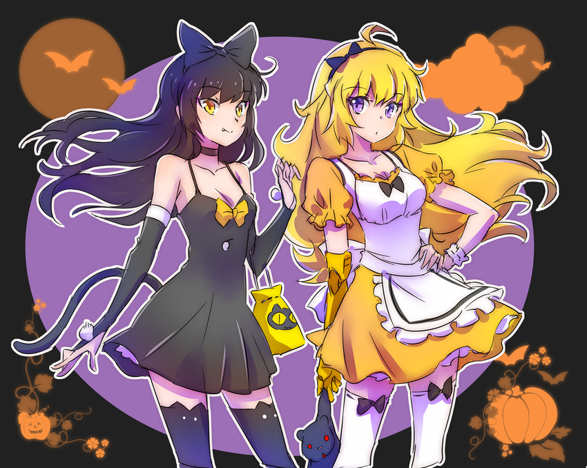 ahoge bear black_hair blake_belladonna blonde_hair bow breasts cat_tail check_commentary cleavage commentary_request fang goldilocks goldilocks_and_the_three_bears hair_bow halloween halloween_costume iesupa looking_at_viewer medium_breasts multiple_girls prosthesis prosthetic_arm pumpkin purple_eyes rwby scrunchie stuffed_animal stuffed_toy tail teddy_bear thighhighs white_scrunchie yang_xiao_long yellow_eyes