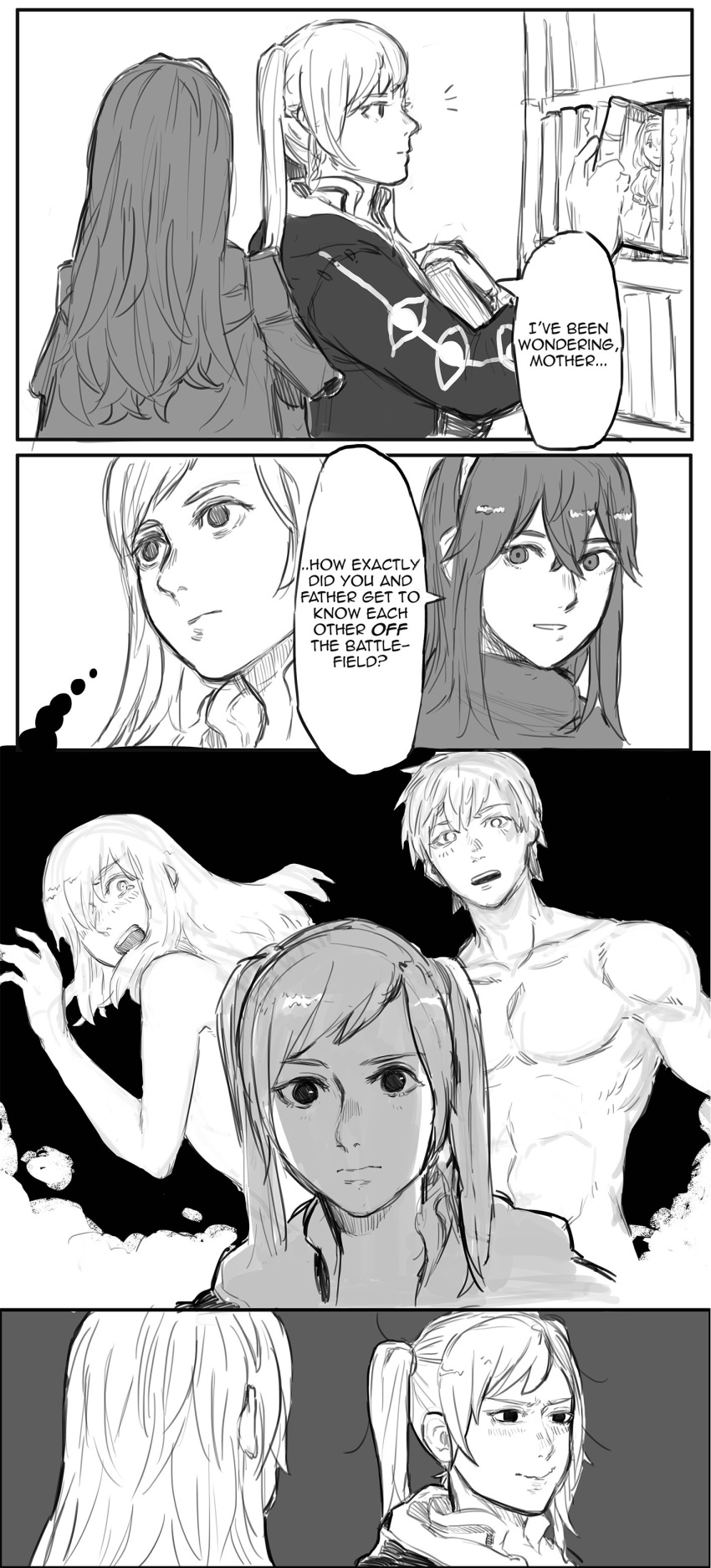 2girls absurdres bangs blush caught comic english_text female_my_unit_(fire_emblem:_kakusei) fire_emblem fire_emblem:_kakusei greyscale hair_between_eyes hairband highres imagining krom long_hair lucina monochrome mother_and_daughter multiple_girls muscle my_unit_(fire_emblem:_kakusei) nintendo nude short_hair swept_bangs tagme twintails yrfreakyneighbr