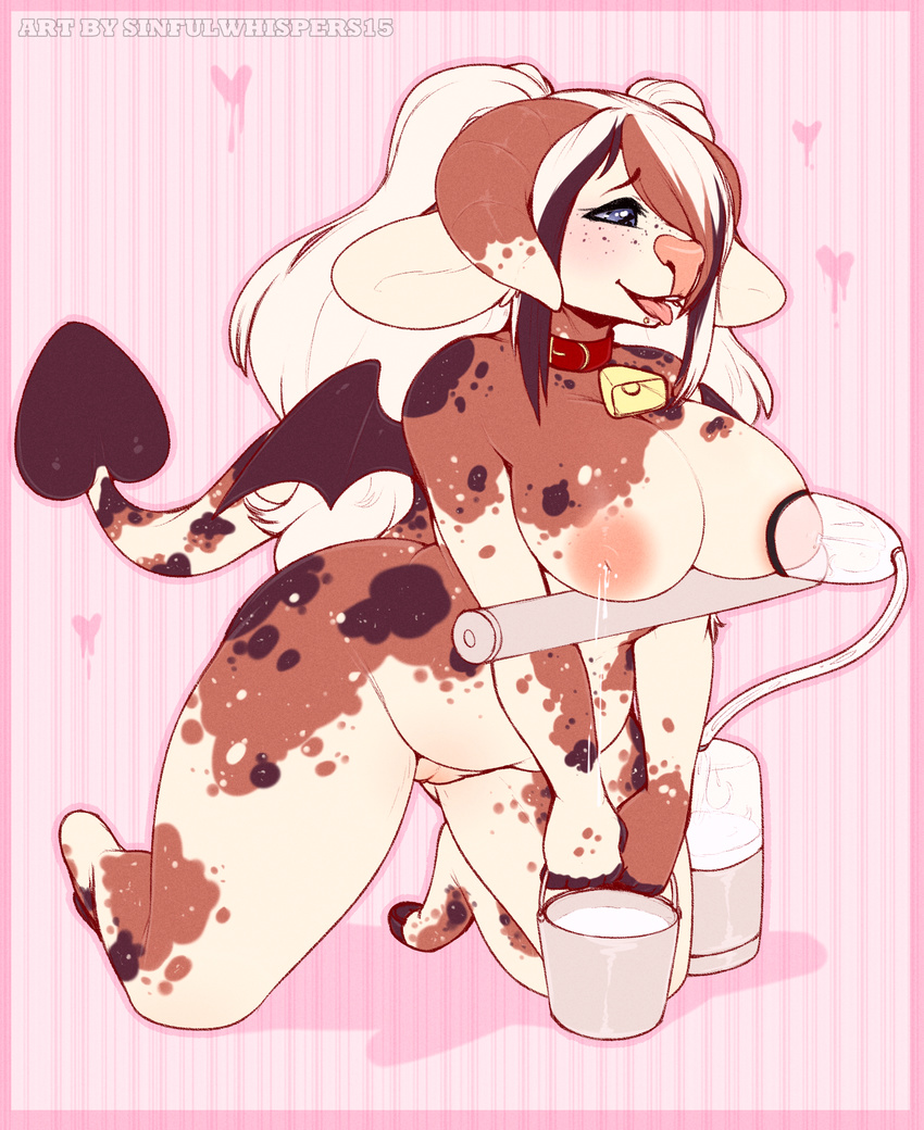 &lt;3 2017 absurd_res anthro bell_collar belly big_belly big_breasts big_thighs biped black_body black_hair black_spots black_tail black_wings blue_eyes blush border bovine breast_milking breasts brown_body brown_hair brown_horn brown_spots brown_tail bucket cattle collar demon digital_drawing_(artwork) digital_media_(artwork) digitigrade dipstick_horn dripping eyelashes facial_piercing female freckles front_view full-length_portrait hair hair_over_eye half-closed_eyes hi_res holding_object hooved_fingers hooves horn humanoid_hands hybrid kneeling lactating lip_piercing long_hair long_tail looking_down looking_pleasured machine mammal membranous_wings milk milking_machine mostly_nude multicolored_body multicolored_hair multicolored_tail naked_collar nipples open_mouth open_smile overweight overweight_female pattern_background piebald piebald_body piercing pigtails pink_background pink_border pink_nipples pink_nose pink_pussy pink_tongue portrait pussy shadow simple_background sinfuldreams15 small_waist small_wings smile snakebite_piercing solo spade_tail spots spotted_body spotted_tail striped_background tongue tongue_out two_tone_horn voluptuous watermark white_body white_hair white_horn white_spots white_tail wings