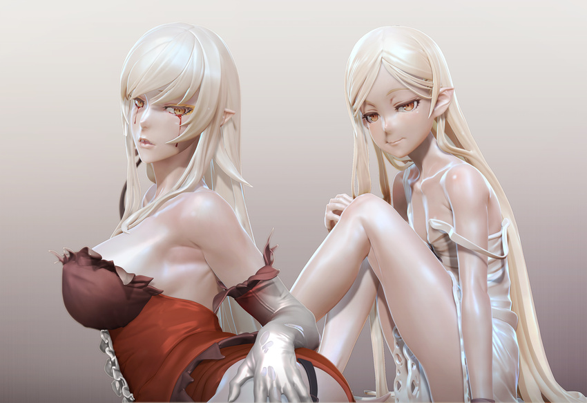 3d armpits bare_shoulders black_legwear blonde_hair blood bloody_tears breasts dress dual_persona elbow_gloves fangs gloves gradient gradient_background hair_ribbon highres kiss-shot_acerola-orion_heart-under-blade kizumonogatari large_breasts leslyzerosix lips looking_at_viewer monogatari_(series) multiple_girls parted_lips pointy_ears red_dress ribbon small_breasts strap_slip strapless thighhighs torn_clothes vampire white_dress white_gloves yellow_eyes
