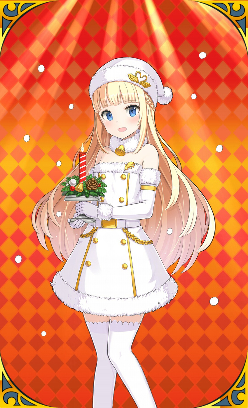 argyle argyle_background bangs bare_shoulders bell bell_collar belt blonde_hair blue_eyes blush braid candle christmas collar dress elbow_gloves eyebrows_visible_through_hair fur_trim gloves hat highres jpeg_artifacts k_do long_hair looking_at_viewer open_mouth short_dress snowing strapless strapless_dress thighhighs uchi_no_hime-sama_ga_ichiban_kawaii very_long_hair white_dress white_gloves white_hat white_legwear winter_clothes yuria_etoile zettai_ryouiki