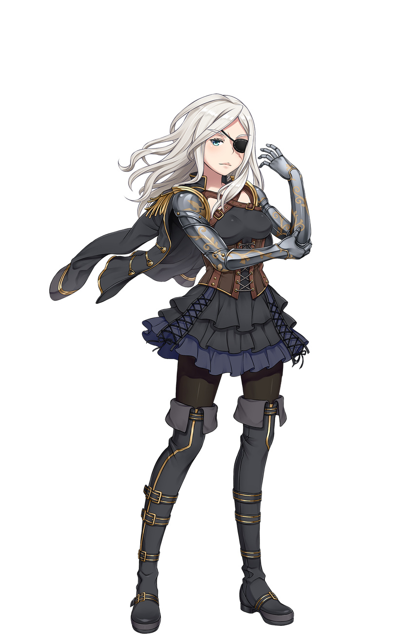 aqua_eyes artist_request belt_boots black_eyepatch black_footwear black_legwear boots breasts brown_corset corset cross-laced_clothes cuervo eyepatch frilled_skirt frills full_body gauntlets gold_trim hand_on_own_elbow hand_up highres jacket_on_shoulders legs_apart long_hair looking_at_viewer medium_breasts official_art pantyhose princess_principal princess_principal_game_of_mission purple_skirt scar skirt standing thigh_boots thighhighs transparent_background underbust white_hair