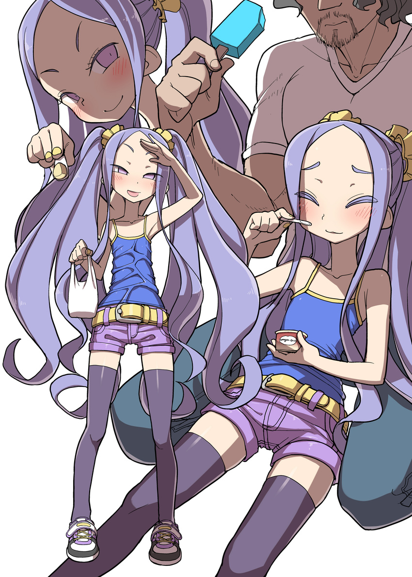 1girl :3 :d ^_^ absurdres alternate_costume beard belt blush casual closed_eyes collarbone facial_hair fate/grand_order fate_(series) flat_chest food forehead haagen-dazs highres ice_cream long_hair looking_at_viewer nail_polish open_mouth popsicle purple_eyes purple_hair purple_legwear shorts simple_background sitting sleeveless smile tanaka_ahiru thighhighs twintails very_long_hair white_background wu_zetian_(fate/grand_order) yellow_nails