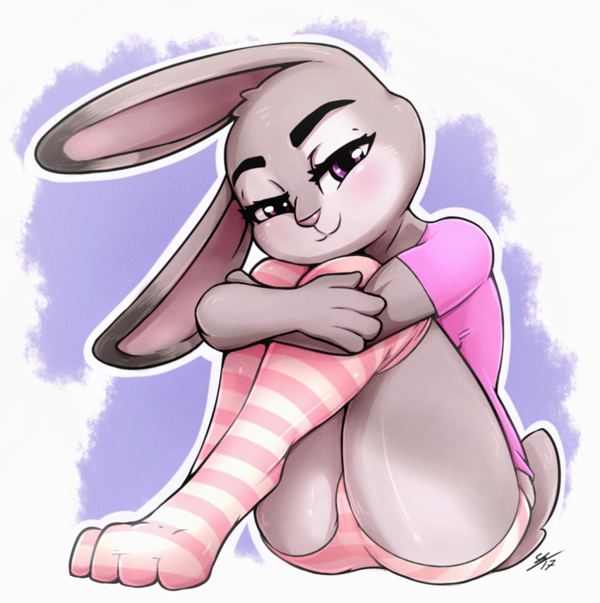 2017 4_fingers 4_toes anthro blush breasts butt clothed clothing digital_media_(artwork) dipstick_ears disney eyebrows eyelashes female front_view full-length_portrait fur half-closed_eyes hi_res judy_hopps kneesocks lagomorph looking_at_viewer mammal on_ground panties portrait purple_eyes rabbit secretly_saucy simple_background sitting smile solo thick_thighs toes underwear wide_hips zootopia
