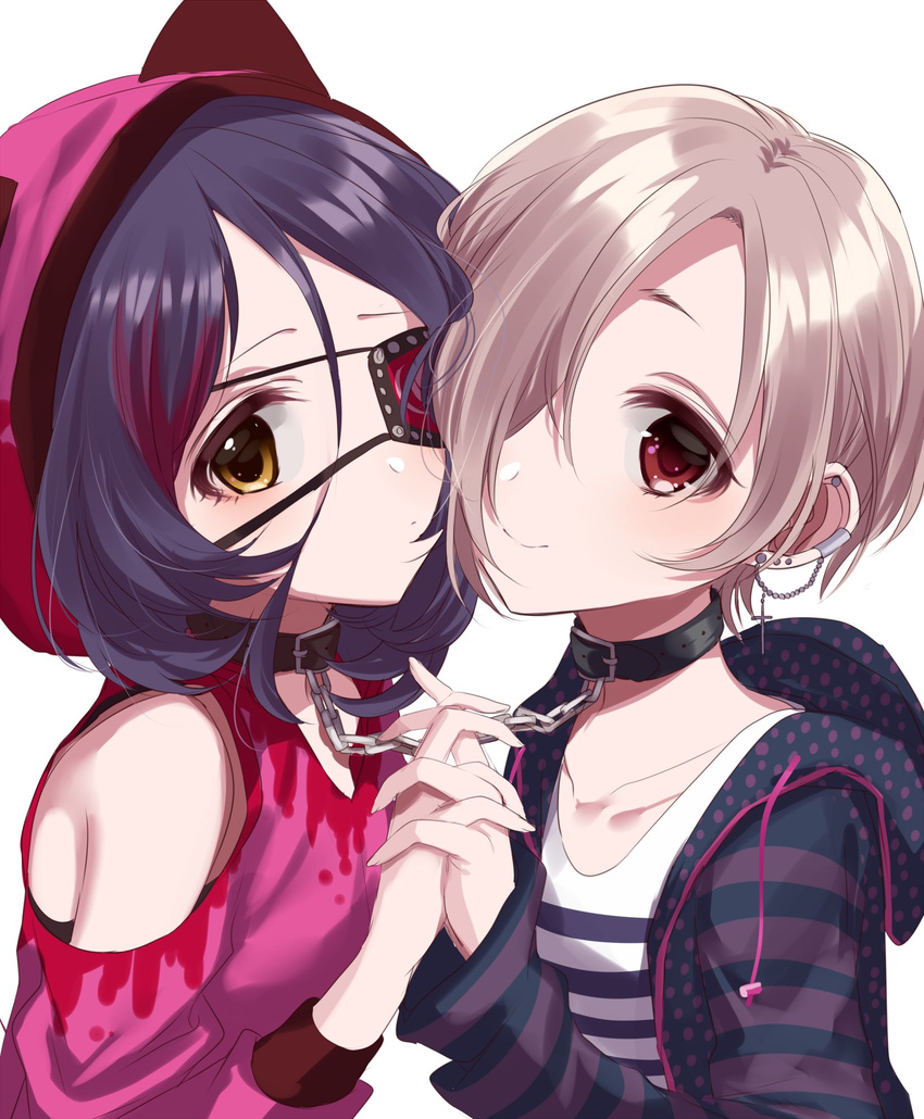 bangs black_collar blonde_hair brown_eyes chain closed_mouth collar commentary_request cross cross_earrings earrings eyepatch hair_over_one_eye hayasaka_mirei highres holding_hands hood hooded_jacket idolmaster idolmaster_cinderella_girls interlocked_fingers jacket jewelry looking_at_viewer misumi_(macaroni) multicolored_hair multiple_girls pink_eyes purple_hair purple_jacket shiny shiny_hair shirasaka_koume shirt short_hair simple_background streaked_hair striped striped_shirt upper_body white_background