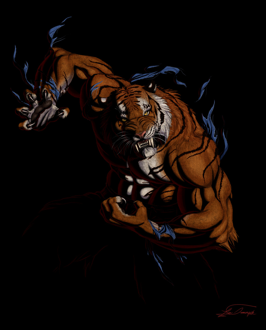 2017 abs angry anthro biceps big_muscles black_background black_fur claws clenched_teeth clothed clothing detailed_fur fangs feline fur hi_res looking_at_viewer male mammal muscular muscular_male neck_tuft open_mouth orange_fur pecs raised_arm shadow sharp_teeth signature simple_background solo stripes teeth thetigress tiger topless tuft whiskers white_fur yellow_eyes