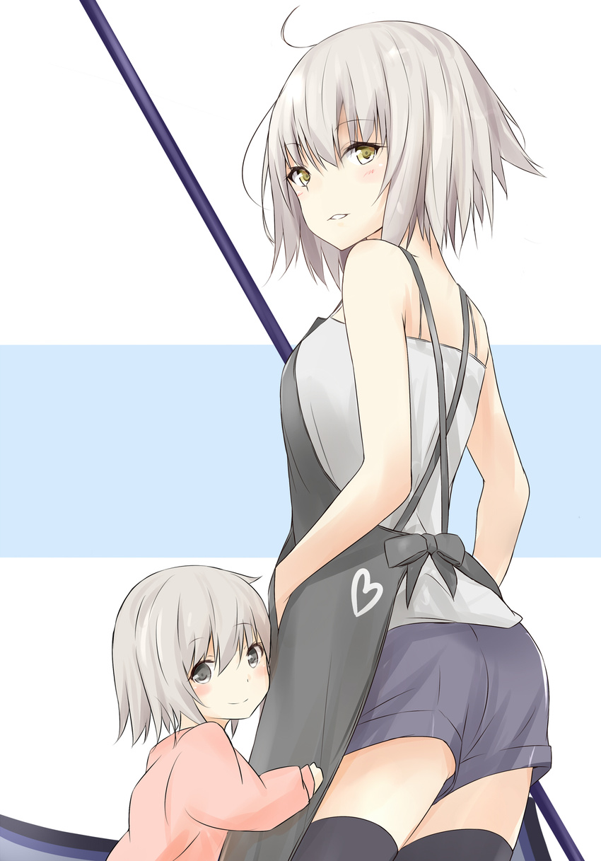 ahoge apron bangs bare_shoulders blush closed_mouth commentary_request cowboy_shot eyebrows_visible_through_hair fate/apocrypha fate/grand_order fate_(series) grey_eyes grey_hair hair_between_eyes hair_ribbon highres if_they_mated jeanne_d'arc_(alter)_(fate) jeanne_d'arc_(fate)_(all) looking_at_viewer mother_and_daughter multiple_girls ribbon saku_(kudrove) yellow_eyes